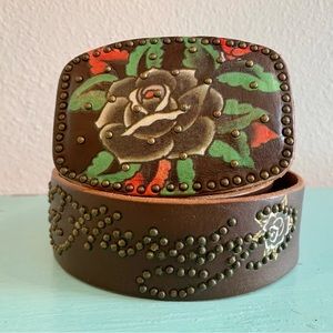 Iconic Ed Hardy Brown Leather Studded Belt M